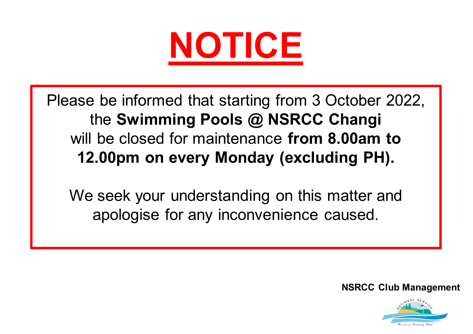 Notice on Weekly Maintenance of Swimming Pools National Service